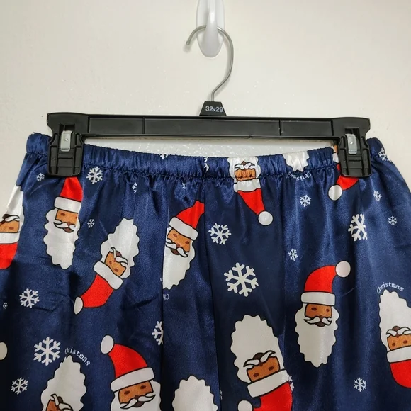NWOT Ekouaer Navy Blue Santa Claus Print Satin Pajama Set Blouse & Shorts Sz S - Picture 12 of 15